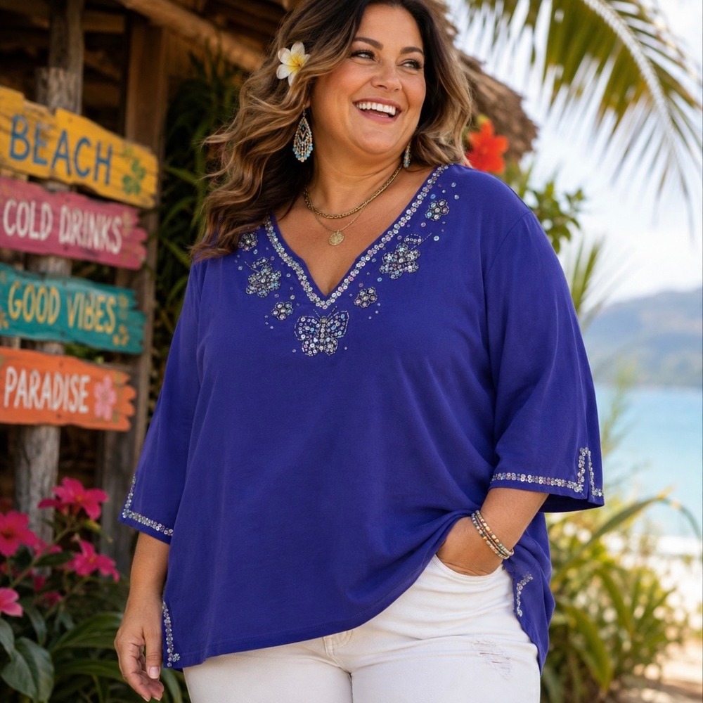 Quacker Factory Purple Sequin Butterfly VNeck Top 3X Embellished 3/4 Sleeve Boho
